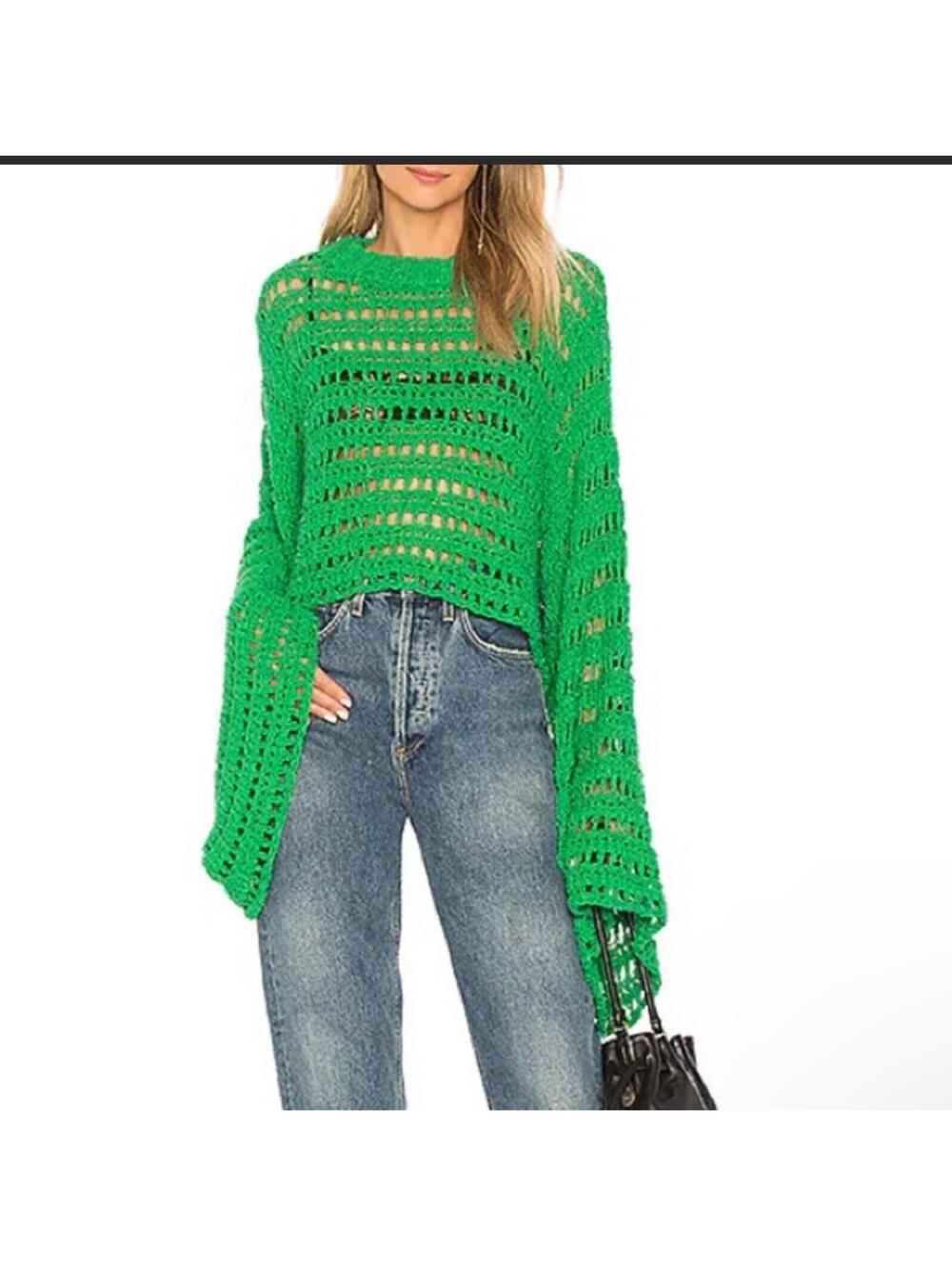 Free People Caught Up Crochet Chunky Bell Sleeve Crop Sweater Top M Kelly Green